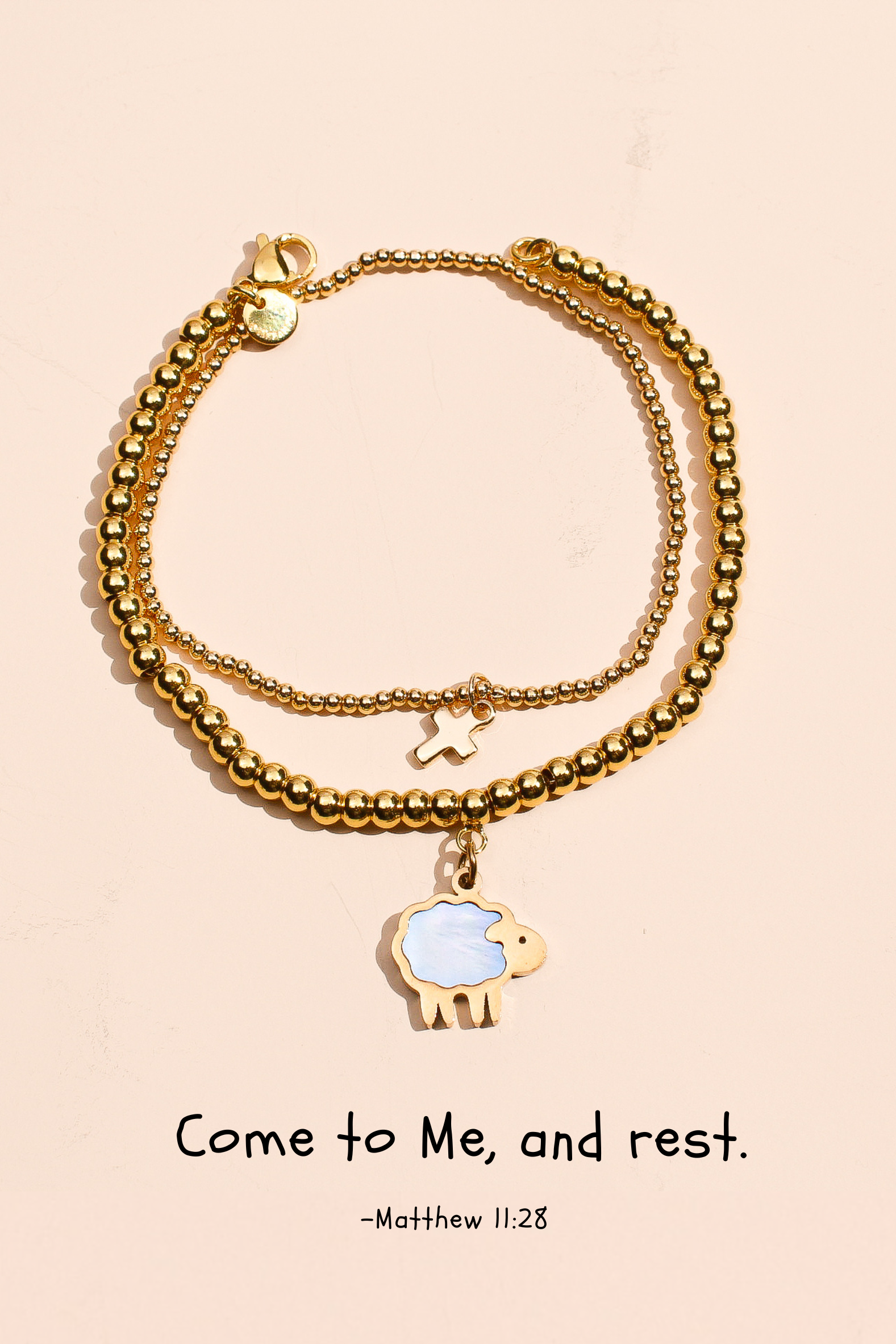 Mother of Pearl Sheep + Cross Bead Bracelet - Set