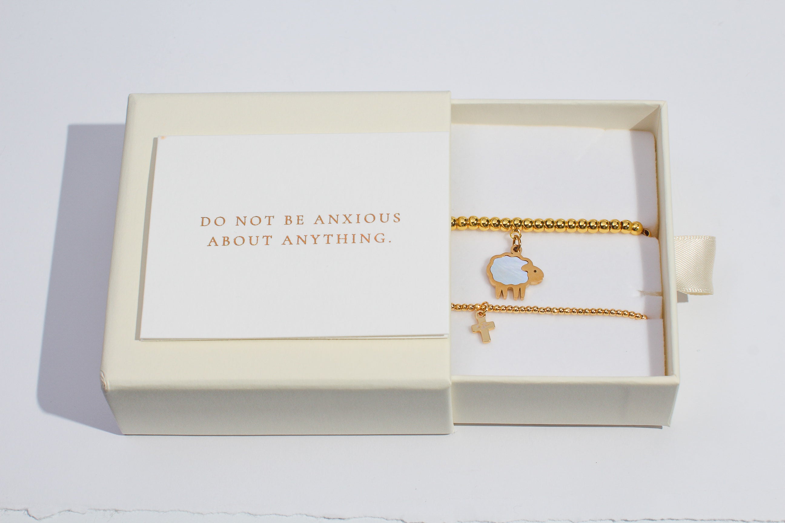 Mother of Pearl Sheep + Cross Bead Bracelet - Set